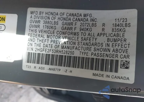 2024 Honda Civic Sport из США, поврежденный, VIN 2HGFE2F53RH528250